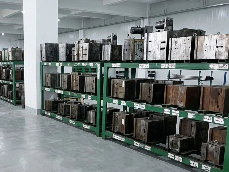 Organized storage of industrial molds on green metal shelves in a factory setting.