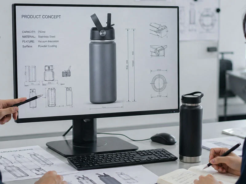 Design concept of a stainless steel insulated water bottle displayed on a monitor with technical drawings, alongside a physical prototype and sketching tools.
