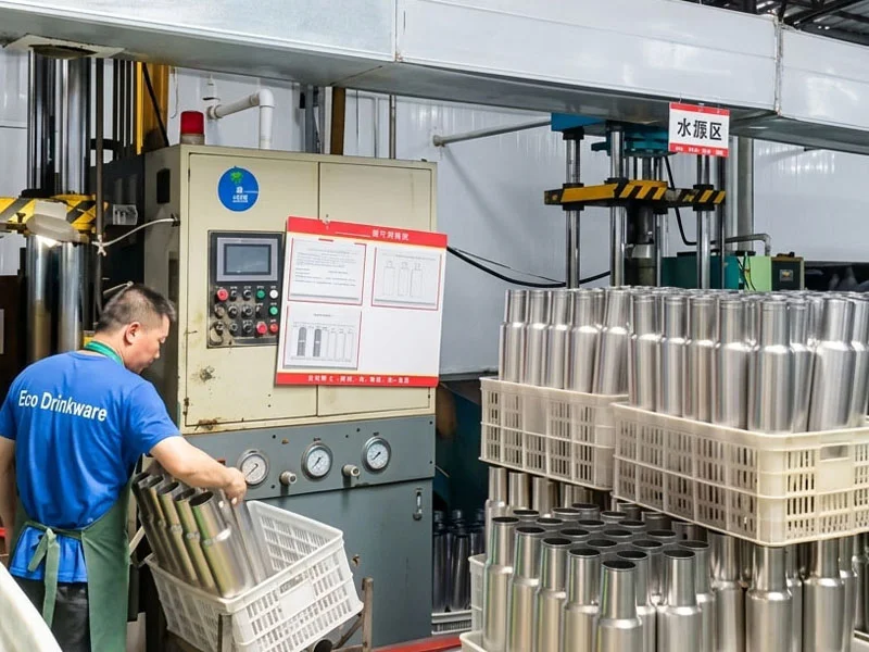 Factory worker handling stainless steel cups near machinery in a manufacturing facility with stacks of finished metal cups.