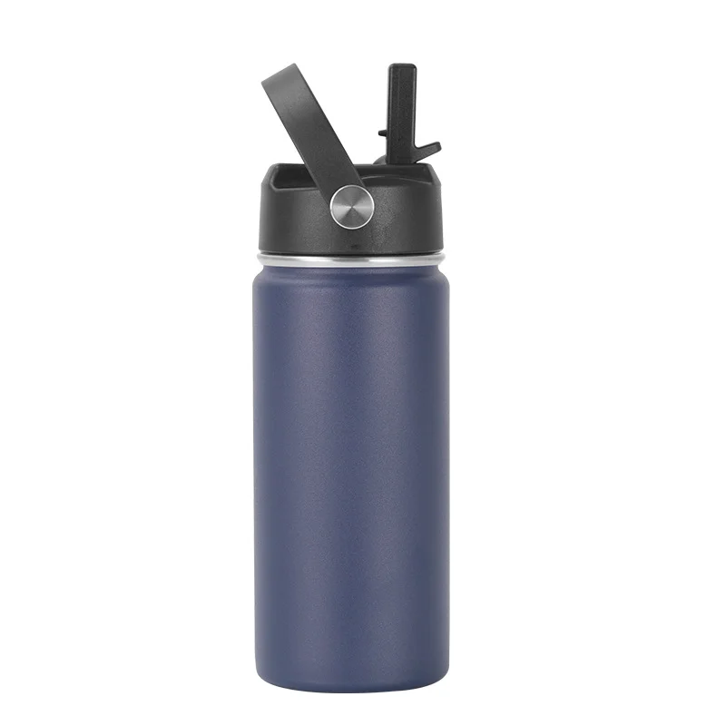 Dark blue stainless steel insulated bottle with black lid and flip-up straw design.