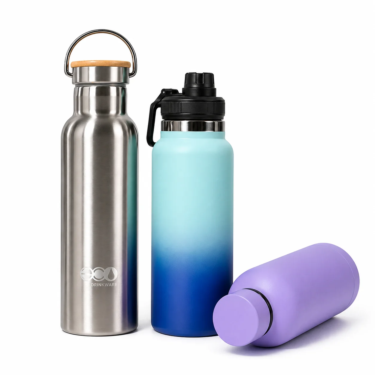 A collection of three eco-friendly bottles, including a stainless steel bottle with wooden lid, a gradient blue insulated bottle, and a purple bottle.