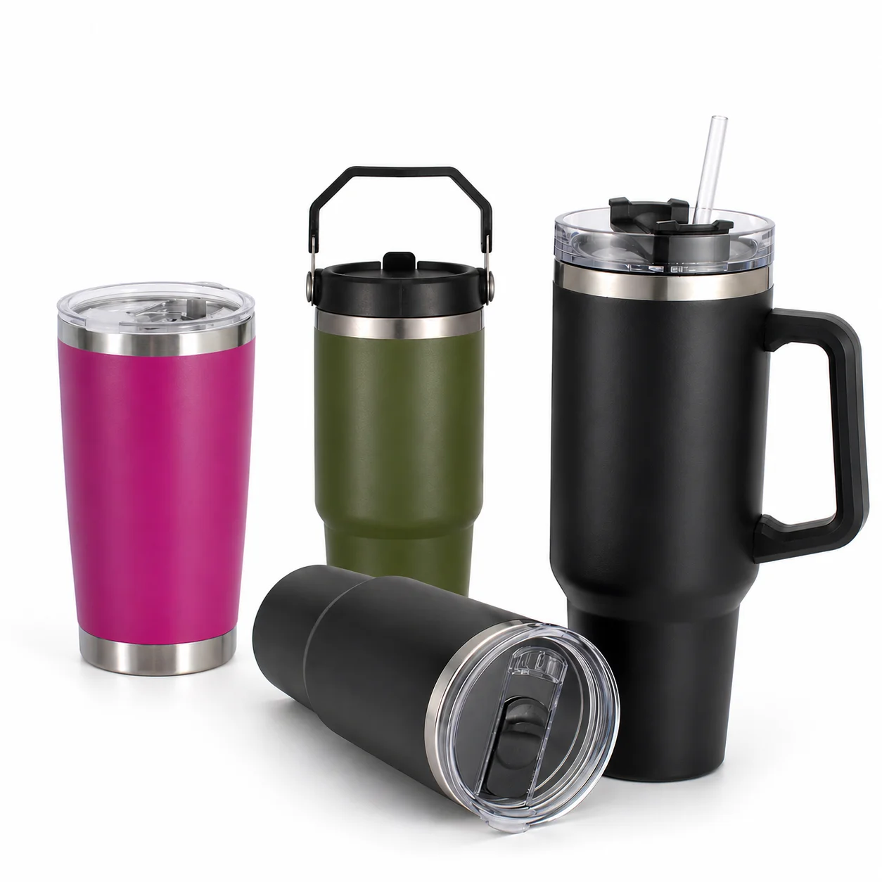 A set of colorful stainless steel travel mugs with lids and handles, including pink, green, and black designs.