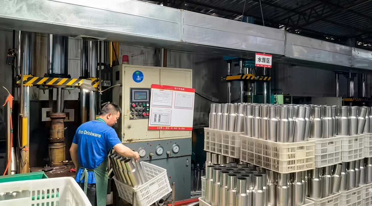 Eco Drinkware worker manages machinery for stainless steel tumbler production, with several unfinished tumblers in crates.