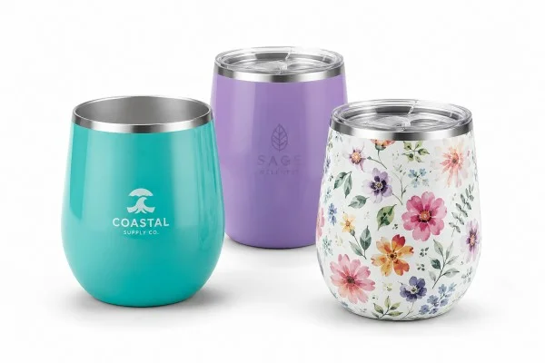 Three stainless steel cups: turquoise with logo, purple with logo, and floral design, each fitted with protective lids.