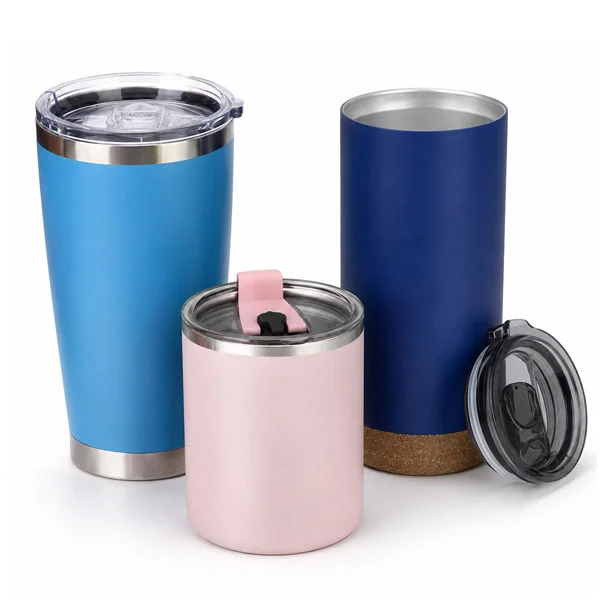 Three colorful stainless steel tumblers with blue, pink, navy designs and lids, showcasing drinkware options for customization.