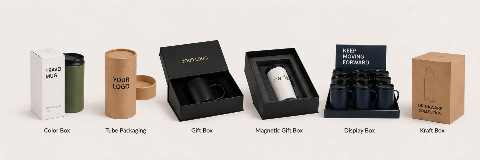 Various packaging options for custom drinkware, including color box, tube packaging, gift box, magnetic gift box, display box, and kraft box.