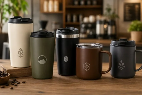 Five custom insulated coffee mugs in various designs and colors displayed on a wooden table in a cozy coffee shop setting.