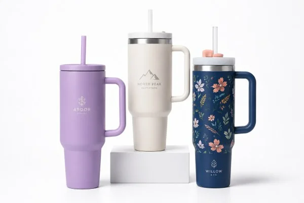 Three custom insulated mugs with handles and straws, featuring floral and logo designs in purple, white, and blue.