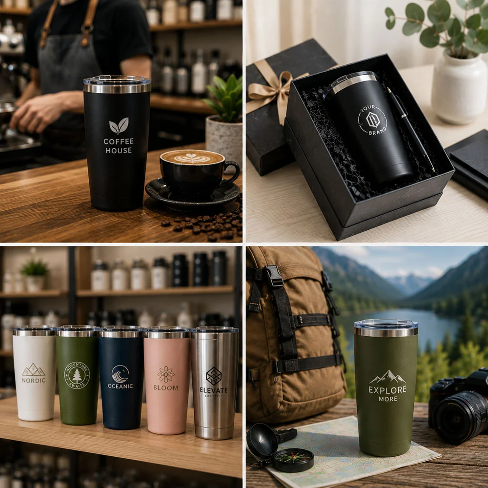 Various custom insulated mugs in different settings, showcasing designs for coffee shops, gift packaging, and outdoor use.