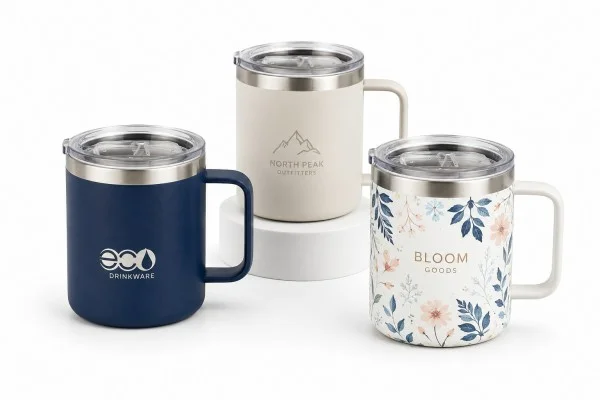 Three custom insulated stainless steel mugs with different designs, including navy blue, cream, and floral patterns.