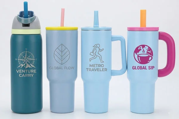 Four custom insulated cups with designs: Venture Carry, Global Flow, Metro Traveler, and Global Sip. Perfect for branding and daily use.