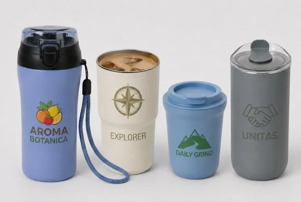 Assorted insulated travel mugs with customizable designs, including logos, graphics, and text.