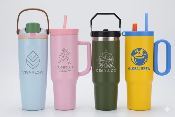 Four custom-designed insulated travel mugs in pastel and vibrant colors with unique graphics and handles.