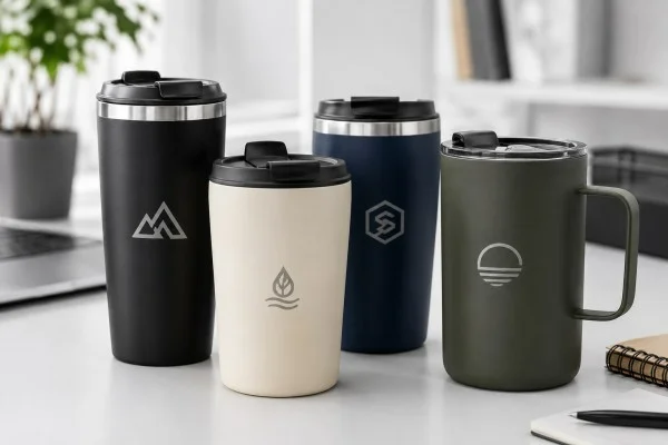 Four custom travel mugs in black, white, blue, and olive green, displayed on a modern desk with unique logo designs.