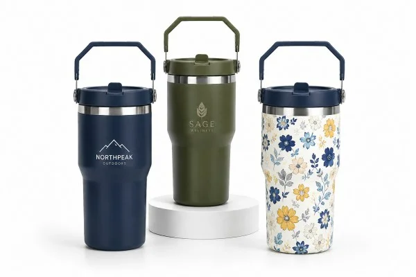 Three insulated travel mugs with handle lids; navy blue with mountain design, olive green with logo, and floral-patterned mug.