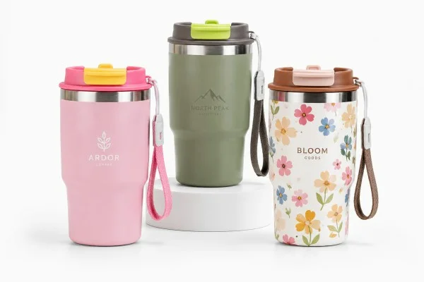 Three custom insulated travel mugs with unique designs: pink with logo, green with mountain logo, and floral pattern with strap handles.