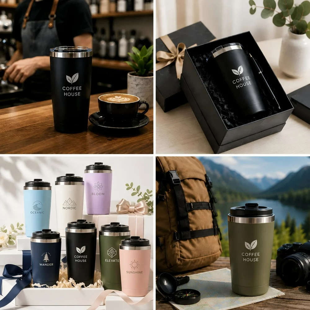 Assorted custom insulated tumblers in various designs and colors displayed in different settings such as a coffee shop, gift box, and outdoors.