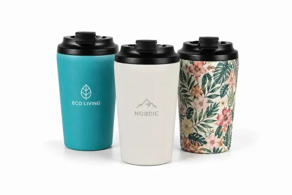 Three custom insulated tumblers with designs: teal with Eco Living logo, white with Nordic logo, and floral printed pattern.