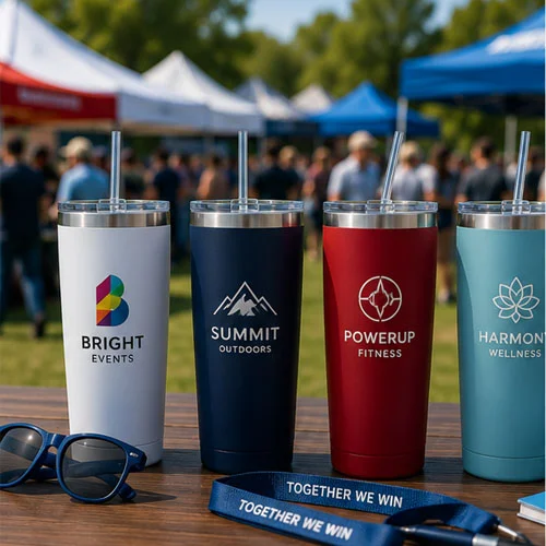 Four custom stainless steel tumblers in white, navy, red, and teal colors displayed outdoors on a table at an event.
