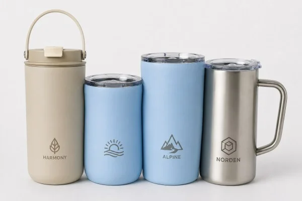 Four custom insulated cups, including beige tumbler, two blue cups with lids, and silver mug with handle, featuring unique designs.