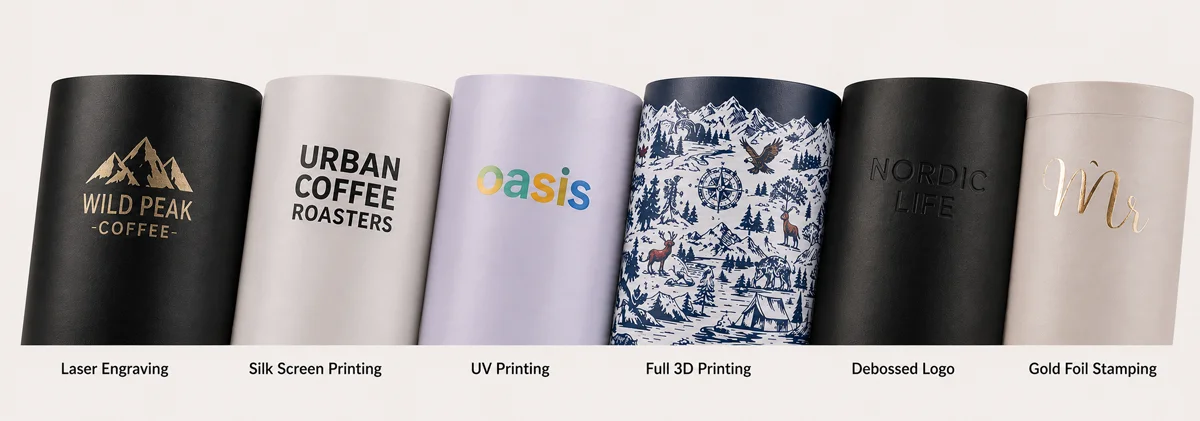 Six custom mug designs showcasing laser engraving, silk screen printing, UV printing, full 3D printing, debossed logo, and gold foil stamping.