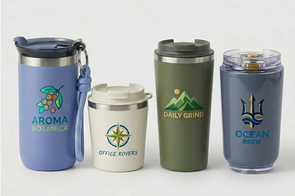 Four custom travel mugs in various designs and colors, showcasing logos and branding.