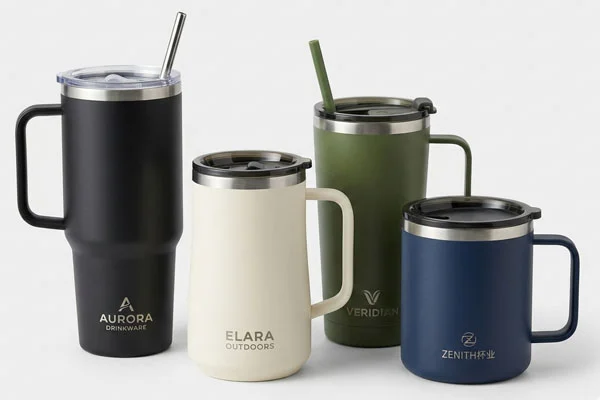 Set of four insulated mugs in black, white, green, and blue with custom branding logos, built for hot and cold drinks.
