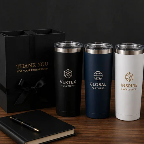 Three customized stainless steel tumblers in black, blue, and white on a wooden surface, alongside a notebook and gift box.