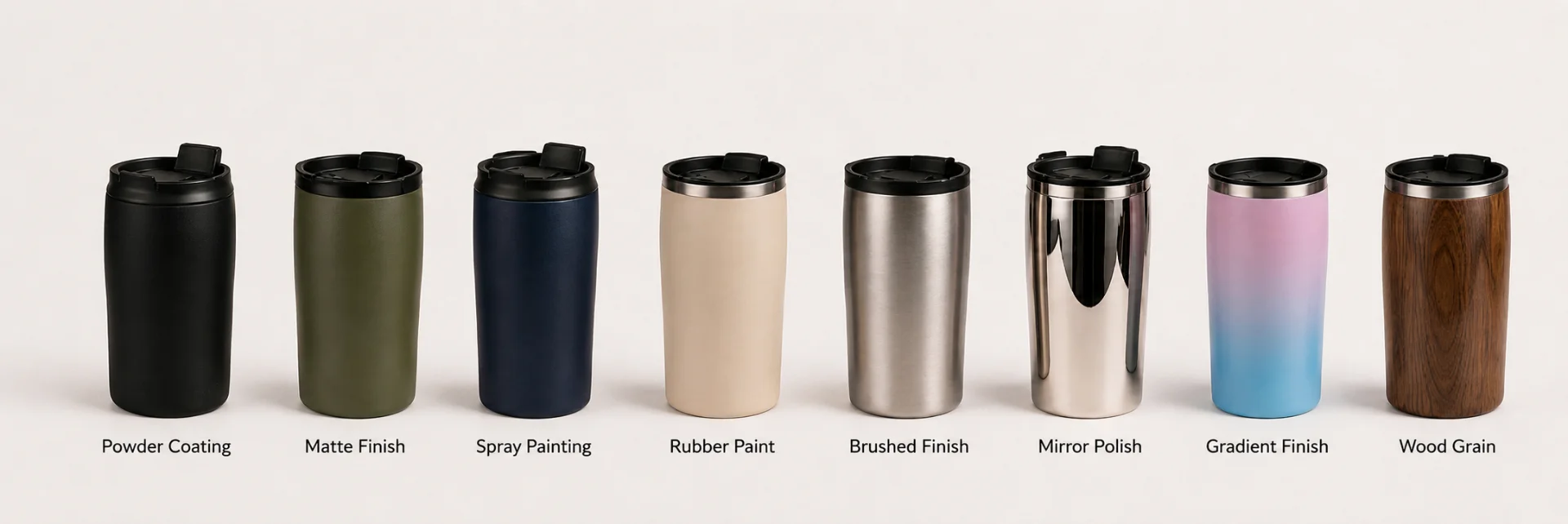 Lineup of travel cups showcasing different custom finishes including powder coating, matte finish, spray painting, rubber paint, brushed finish, mirror polish, gradient finish, and wood grain.