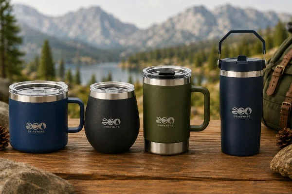 Collection of four eco-friendly stainless steel travel mugs placed on a wooden table with mountains and a lake in the background.