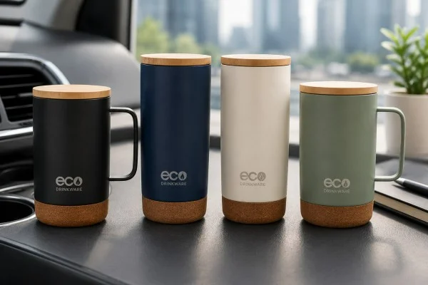 Four eco-friendly insulated mugs with cork base and bamboo lids, displayed inside a car with a blurred cityscape in the background.