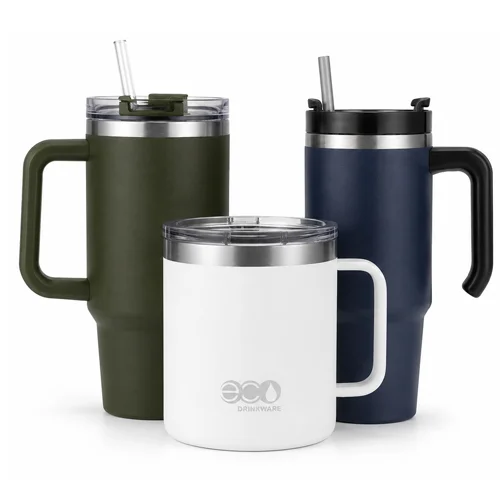 Three insulated stainless steel mugs in green, blue, and white with straw lids and ergonomic handles.