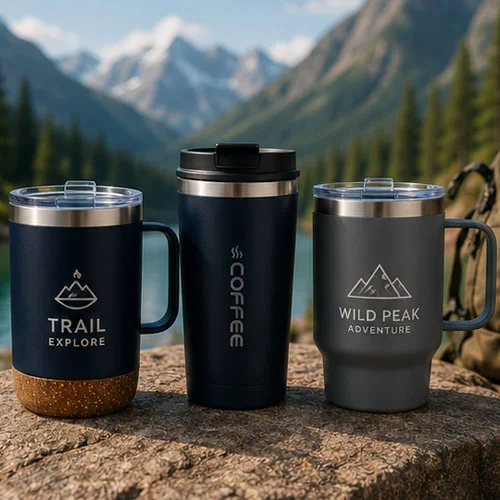 Three travel mugs with mountain-themed designs placed on a rock with a scenic background of mountains and trees.