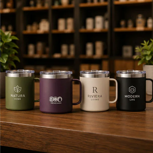 Four branded stainless steel mugs in green, purple, beige, and black displayed on a wooden table with shelves in the background.