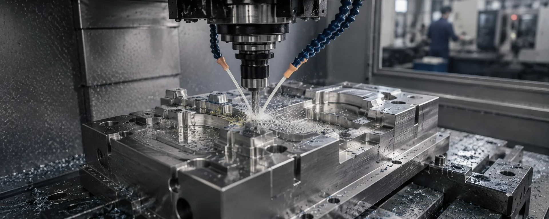 A CNC machine precisely machining a metal mold with cooling liquid spraying during the process.