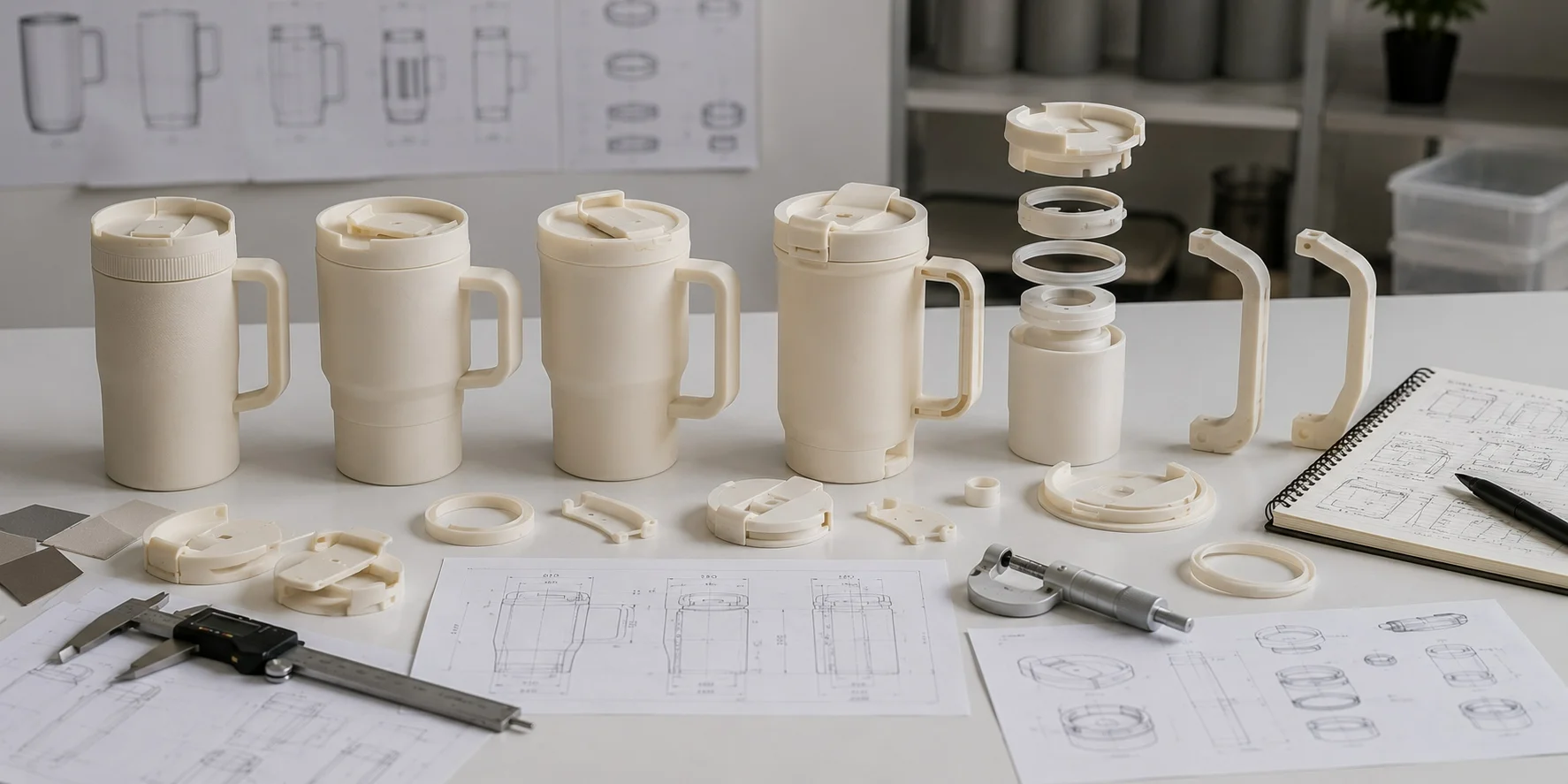 Multiple beige coffee mug prototypes with detailed schematics and measuring tools on a white workbench.