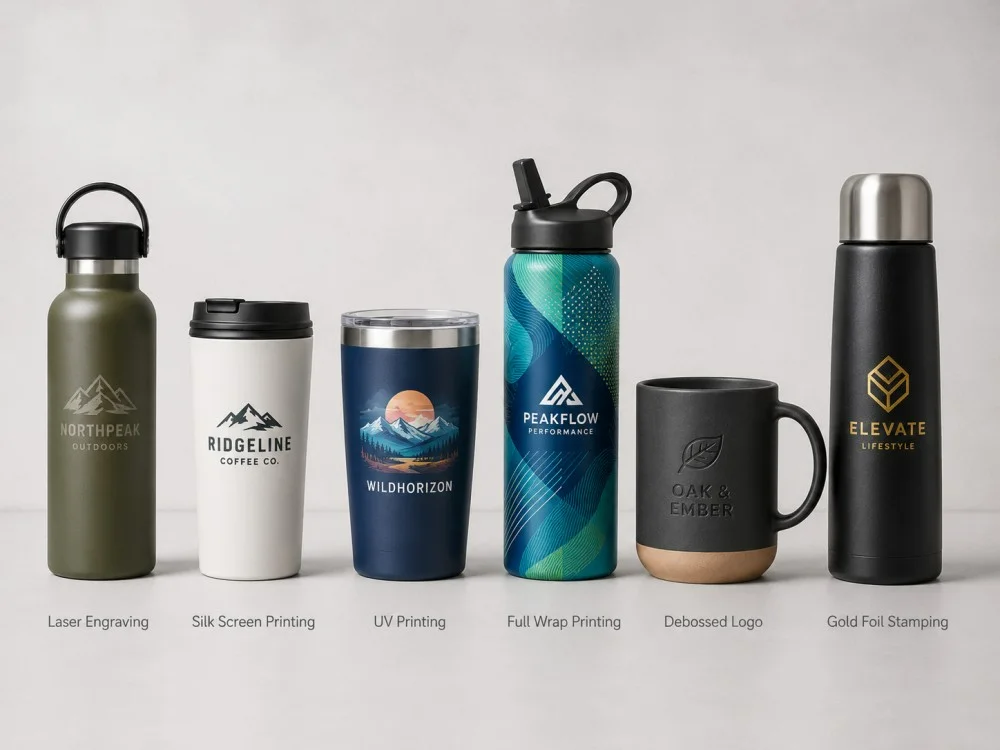 A selection of customized drinkware showcasing laser engraving, silk screen printing, UV printing, full wrap, debossed logo, and gold foil stamping.