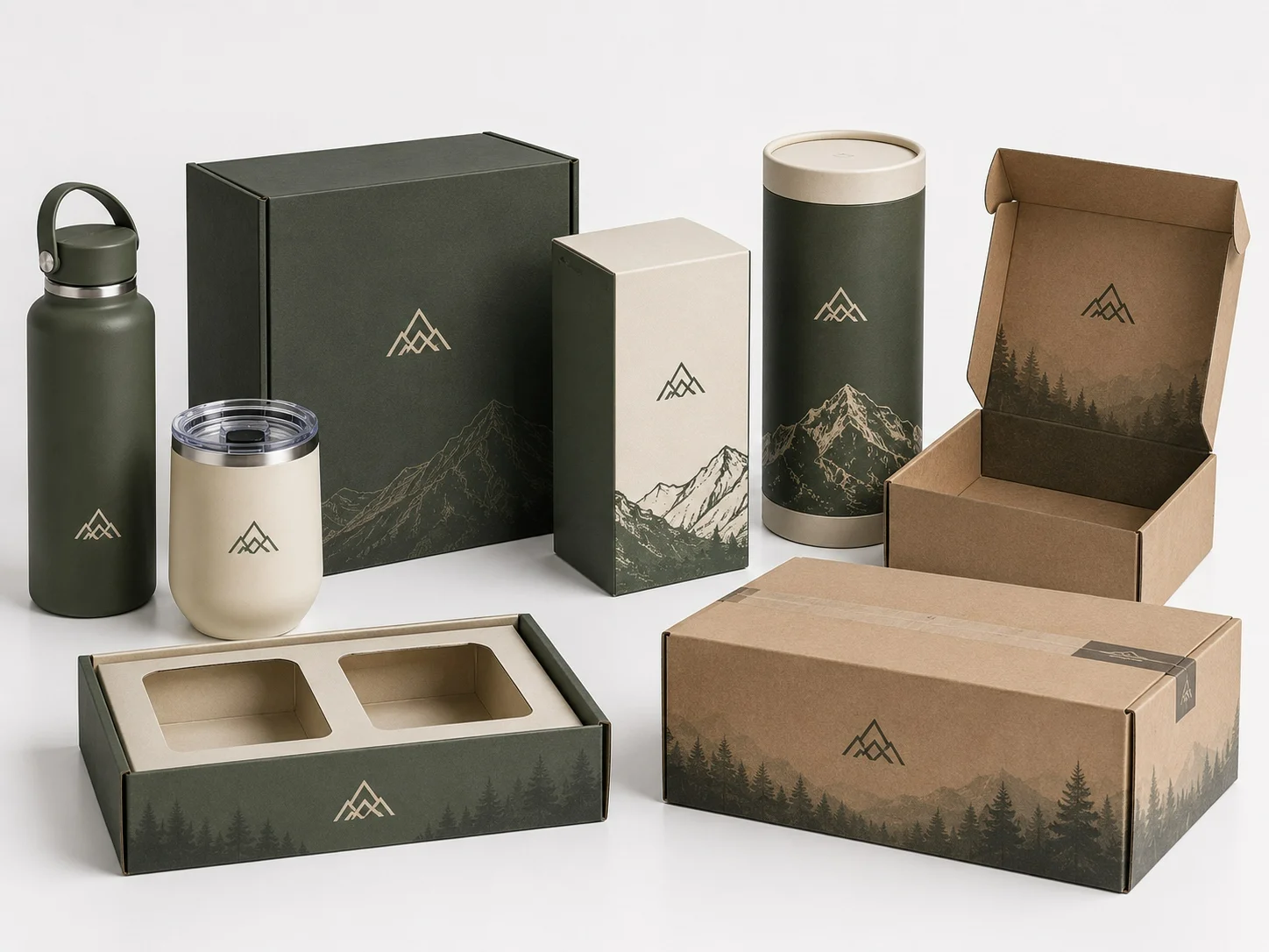 Custom eco-friendly packaging with insulated bottles and cups featuring elegant mountain designs.
