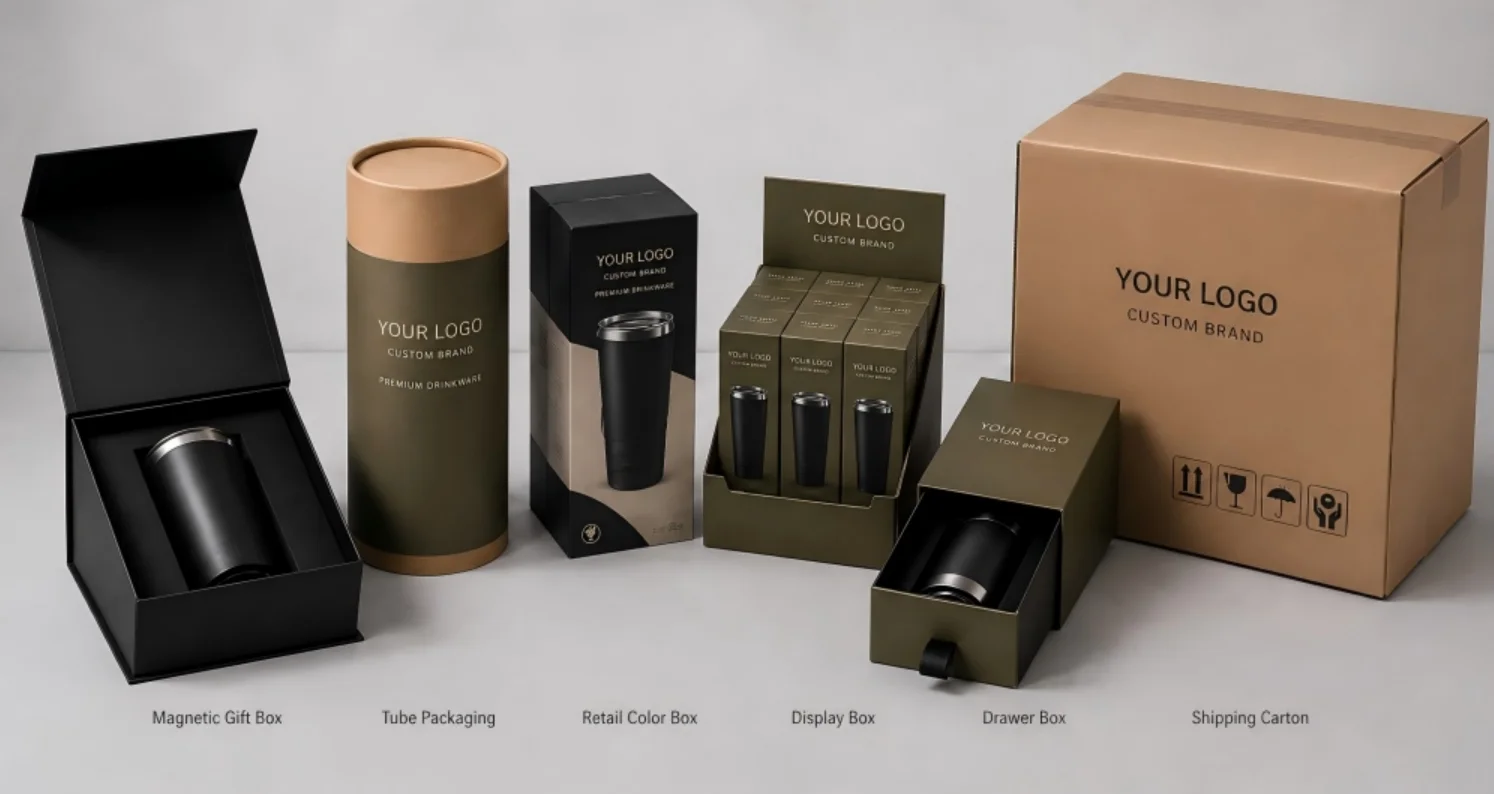 Various packaging options for custom branded drinkware including gift box, tube, retail box, display box, drawer box, and shipping carton.