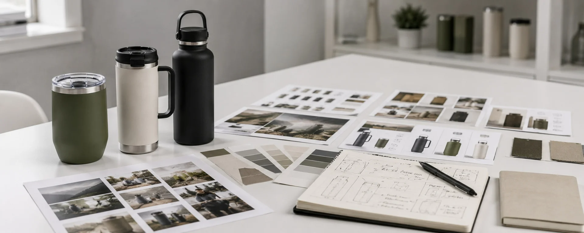 Workstation with stainless steel cups, design sketches, material samples, and product imagery.