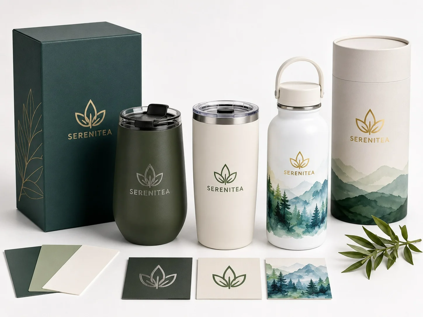A set of custom stainless steel tumblers and a water bottle with natural-themed designs, packaging, and matching stationery.