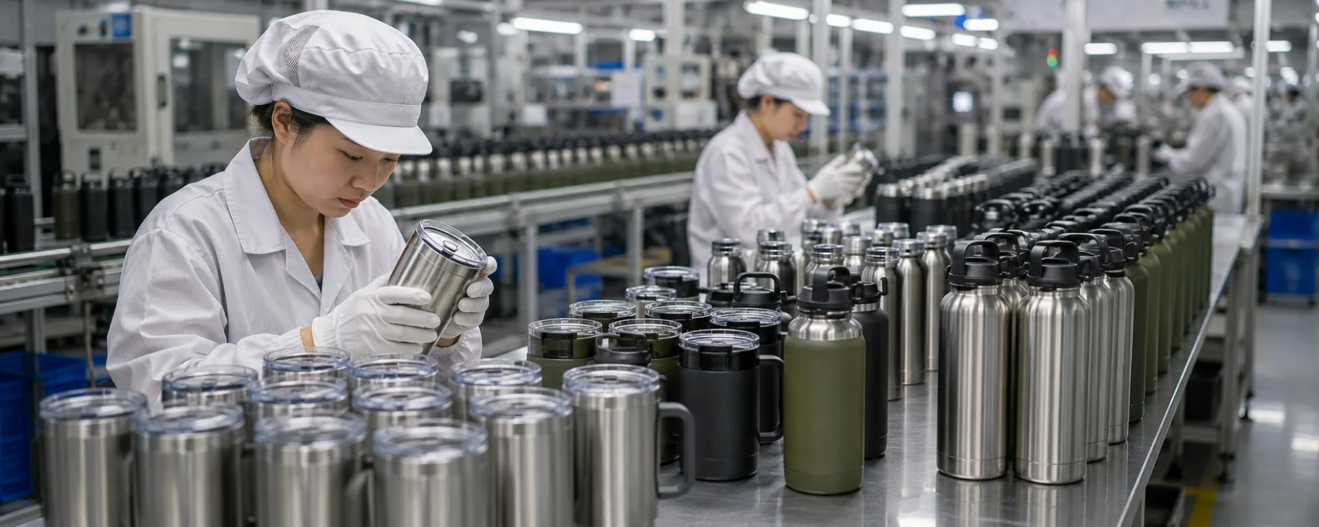 Workers in a production line inspecting stainless steel tumblers in a factory setting.