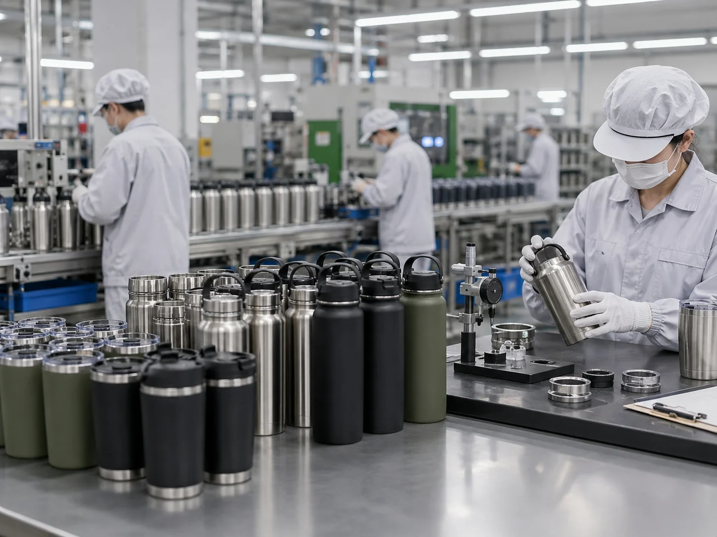 Workers in a factory producing stainless steel bottles with inspection equipment on a workbench.