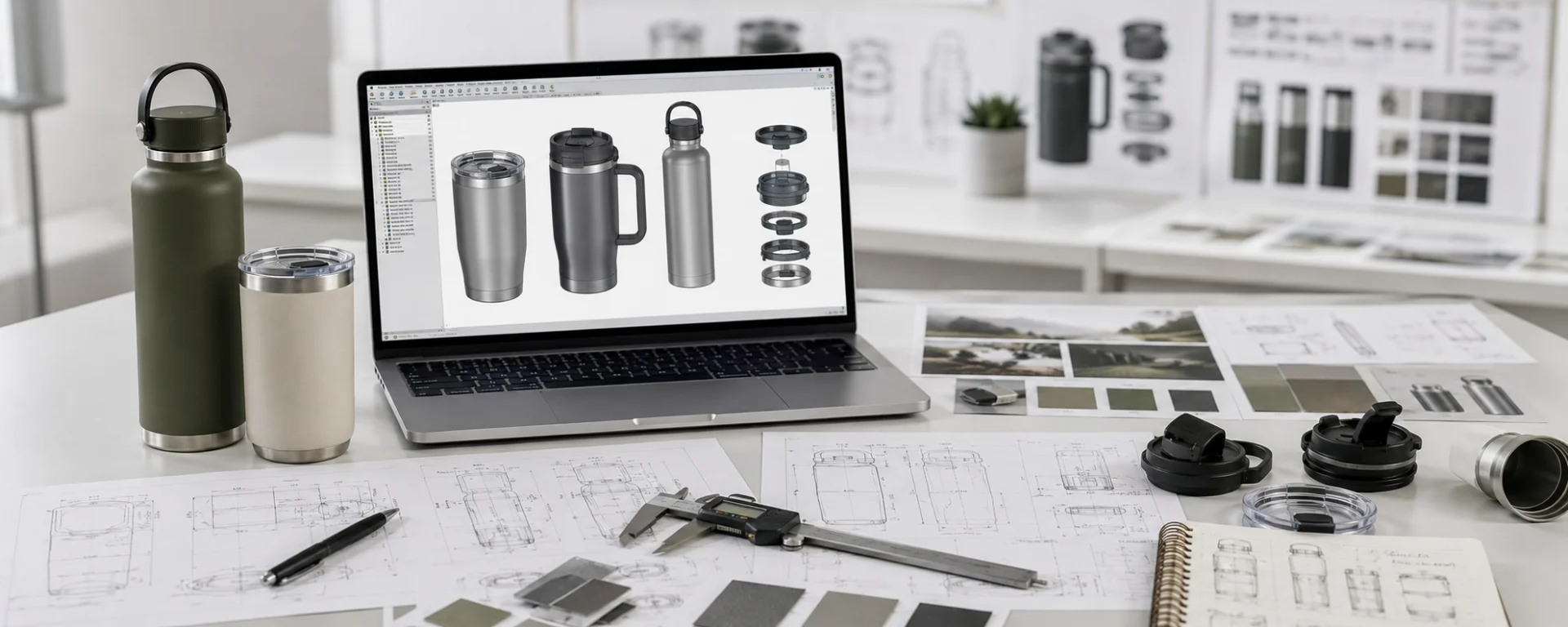 A laptop showing stainless steel cup designs, surrounded by sketches, materials, and parts on a design workspace.