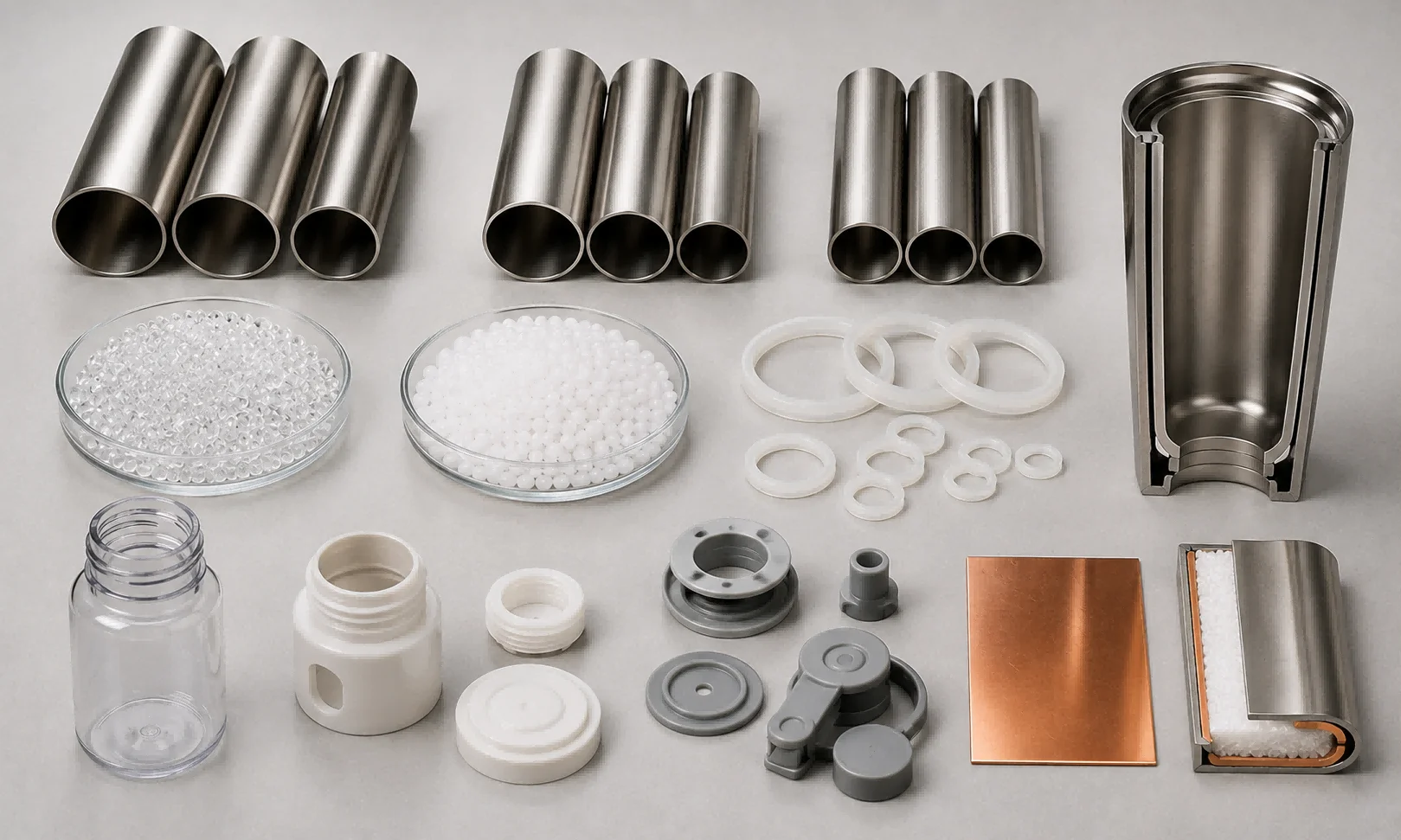 Various stainless steel cup components including metal cylinders, plastic parts, insulation materials, and glass beads arranged on a flat surface.