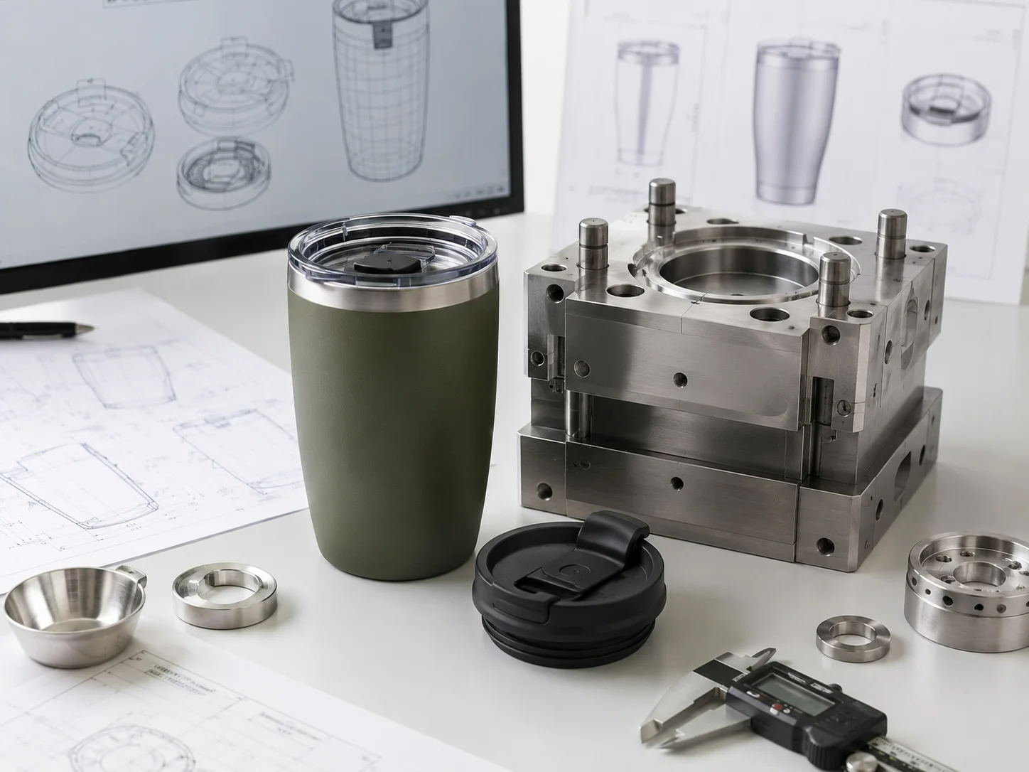 Stainless steel cup with lid, mold, technical drawings, and tools on a worktable.