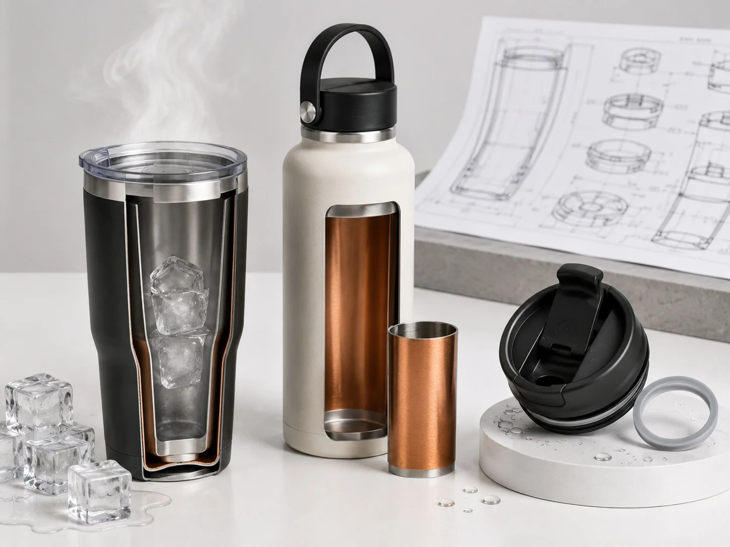 Stylish stainless steel cups with ice cubes and design blueprint illustrating thermal insulation and accessories.
