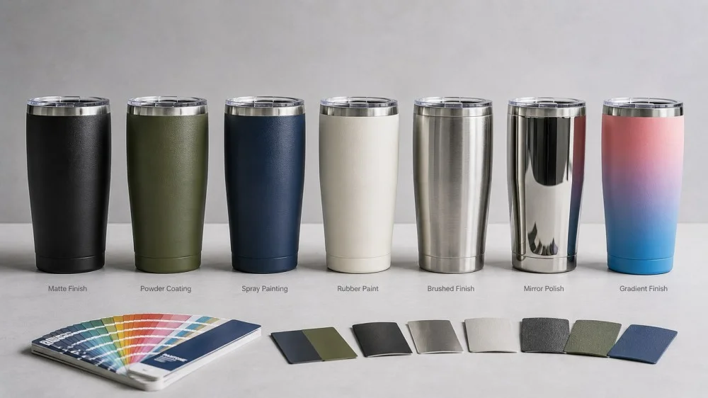 Display of stainless steel cups in matte, powder coating, spray painting, rubber paint, brushed, mirror polish, and gradient finishes.