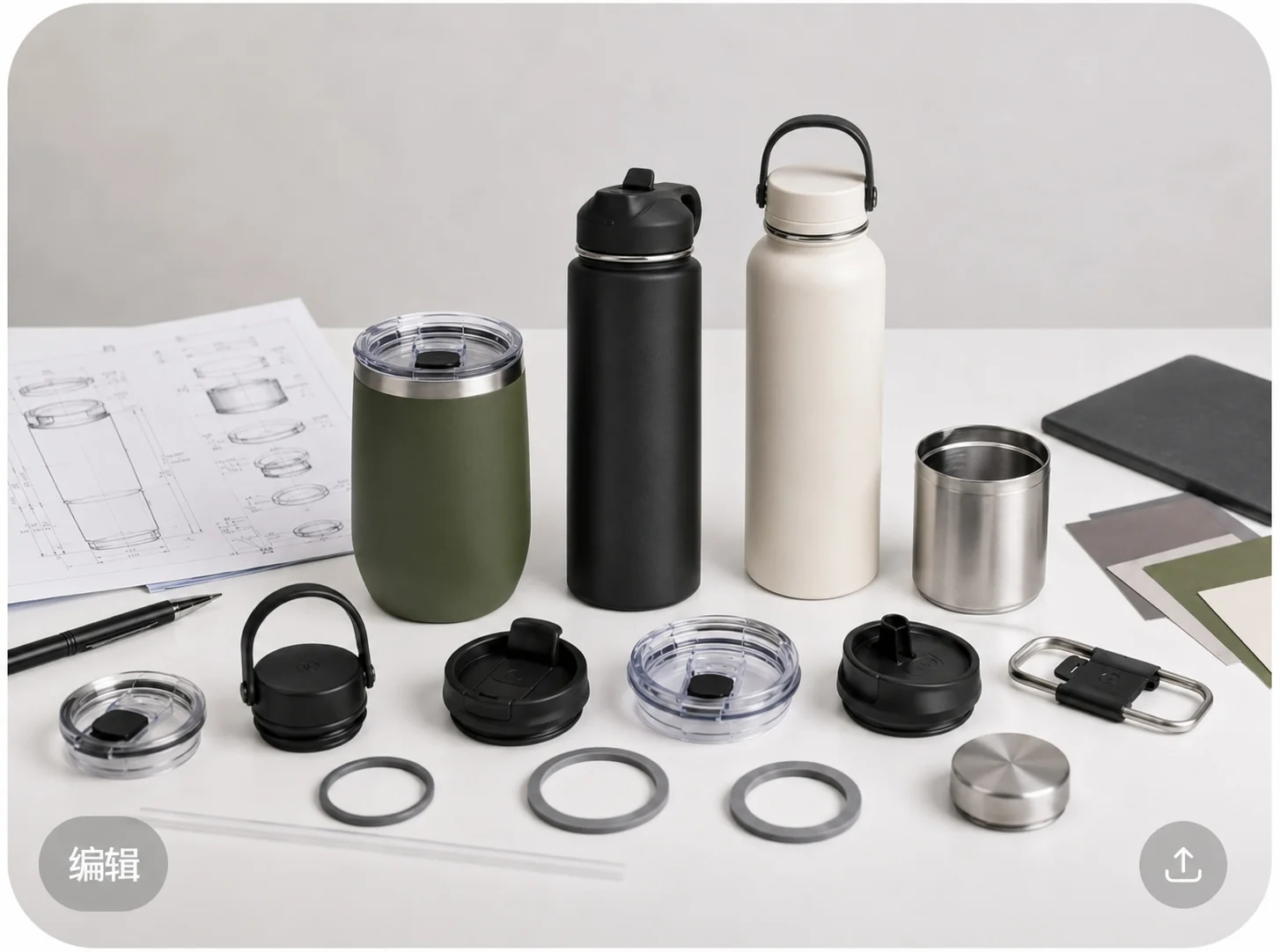 A selection of stainless steel tumblers and accessories including caps, lids, rings, and design schematics displayed on a desk.
