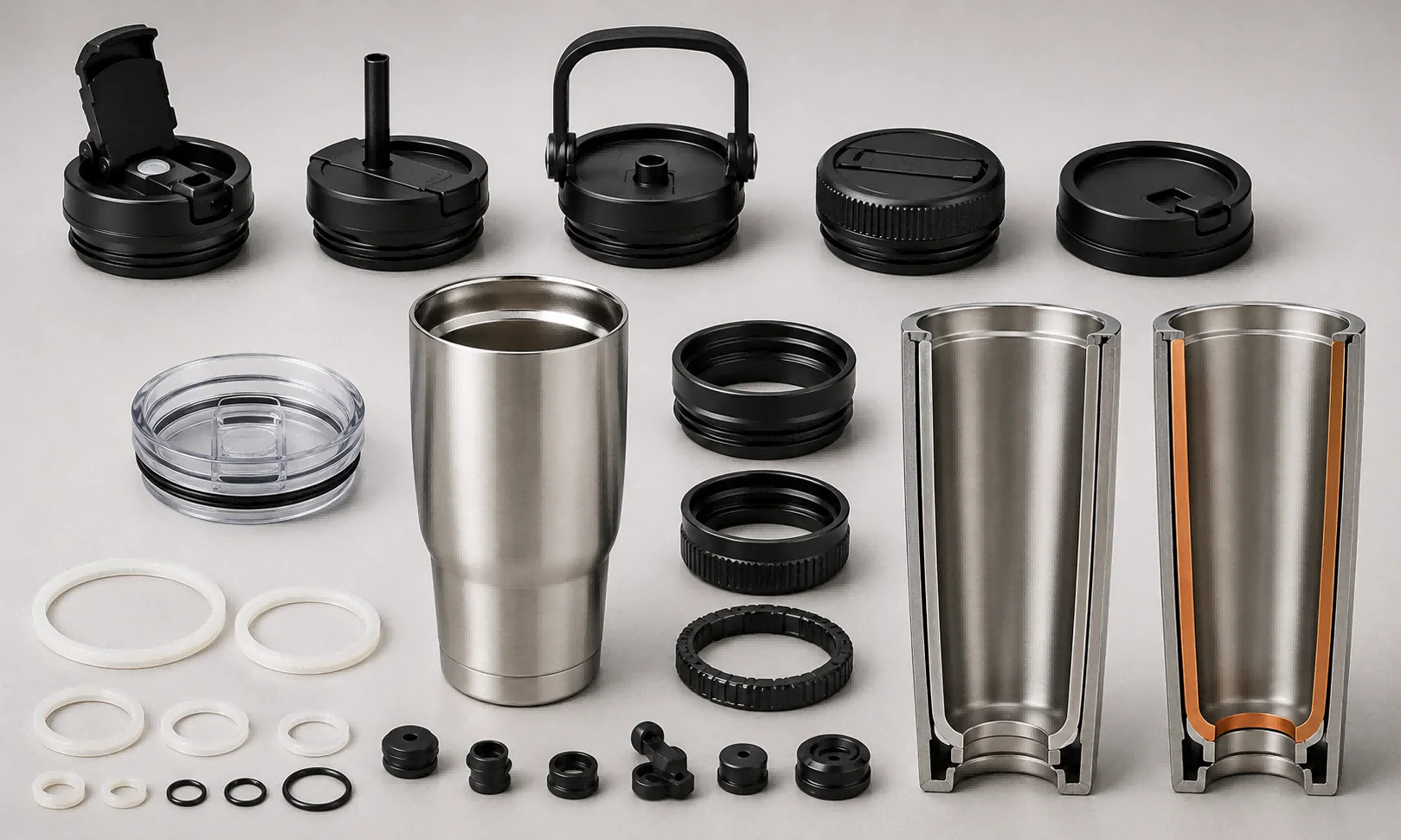 Image showcasing stainless steel tumbler parts including lids, rings, and a cross-sectional view of the insulated design.